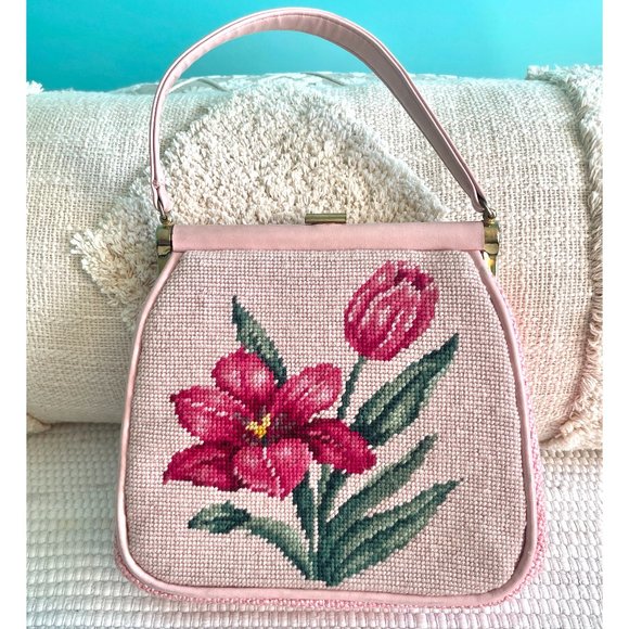 Vintage Handbags - Gorgeous Vintage Pink Floral Needle Point Handbag Purse